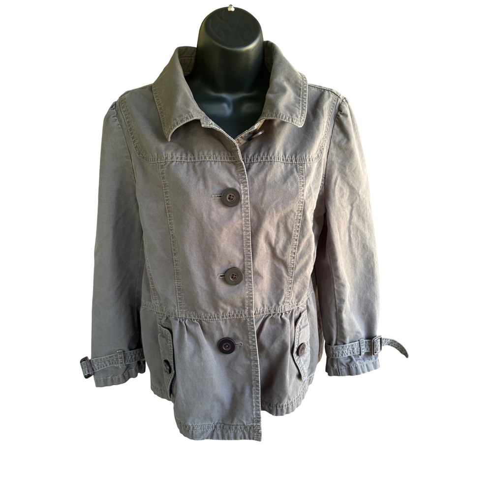Ann Taylor LOFT Womens Utility Jacket Taupe Gray Peplum Waist Button Front Sz L
